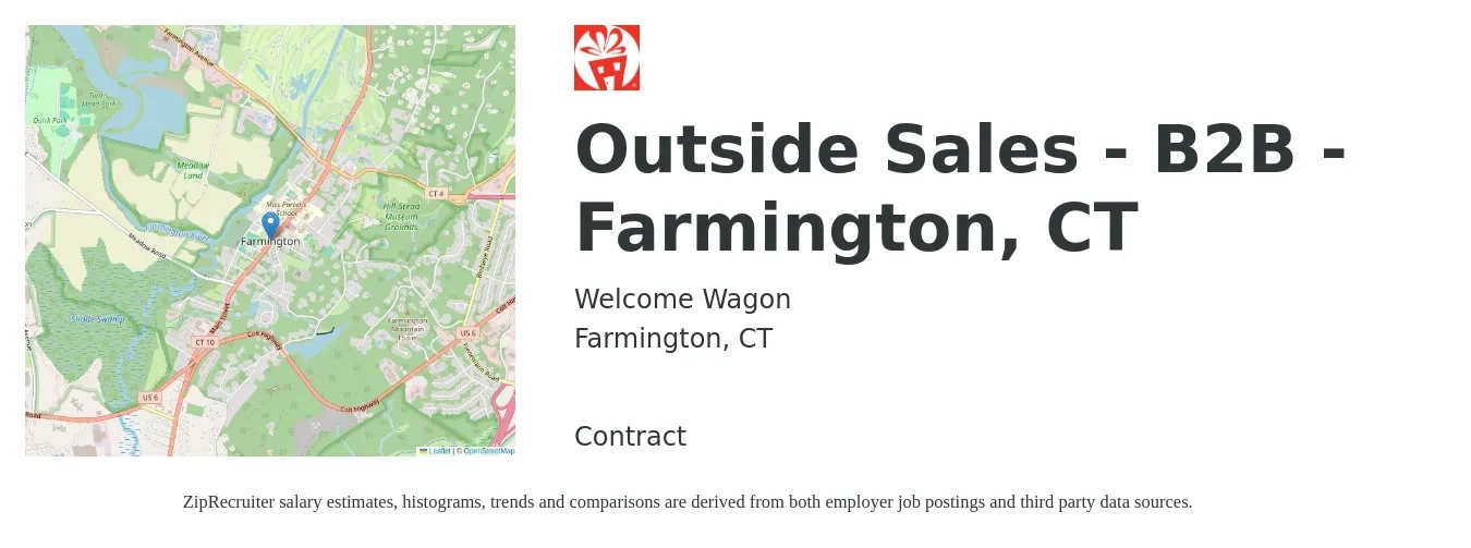 Welcome Wagon job posting for a Outside Sales - B2B - Farmington, CT in Farmington, CT with a salary of $55,700 to $95,500 Yearly with a map of Farmington location.