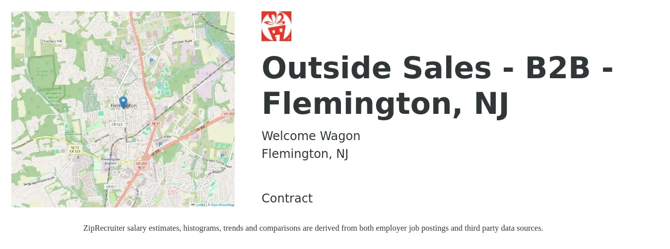Welcome Wagon job posting for a Outside Sales - B2B - Flemington, NJ in Flemington, NJ with a salary of $48,500 to $80,900 Yearly with a map of Flemington location.