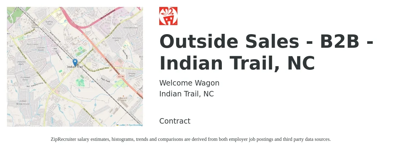 Welcome Wagon job posting for a Outside Sales - B2B - Indian Trail, NC in Indian Trail, NC with a salary of $48,600 to $83,200 Yearly with a map of Indian Trail location.