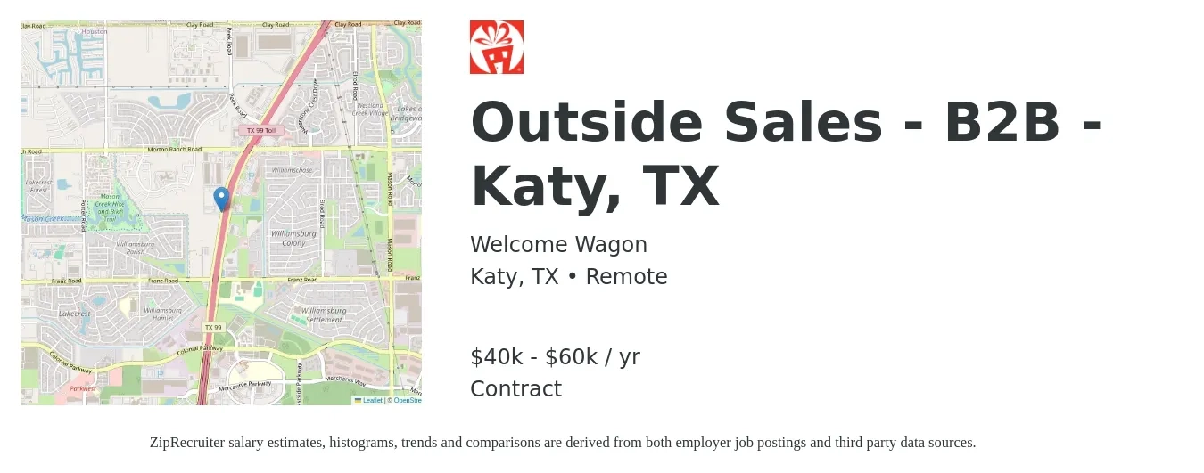 Welcome Wagon job posting for a Outside Sales - B2B - Katy, TX in Katy, TX with a salary of $30,000 to $60,000 Yearly with a map of Katy location.