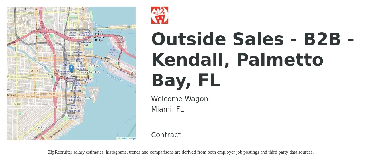 Welcome Wagon job posting for a Outside Sales - B2B - Kendall, Palmetto Bay, FL in Miami, FL with a salary of $45,900 to $76,500 Yearly with a map of Miami location.
