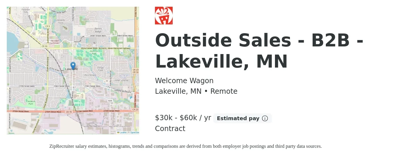 Welcome Wagon job posting for a Outside Sales - B2B - Lakeville, MN in Lakeville, MN with a salary of $30,000 to $60,000 Yearly with a map of Lakeville location.
