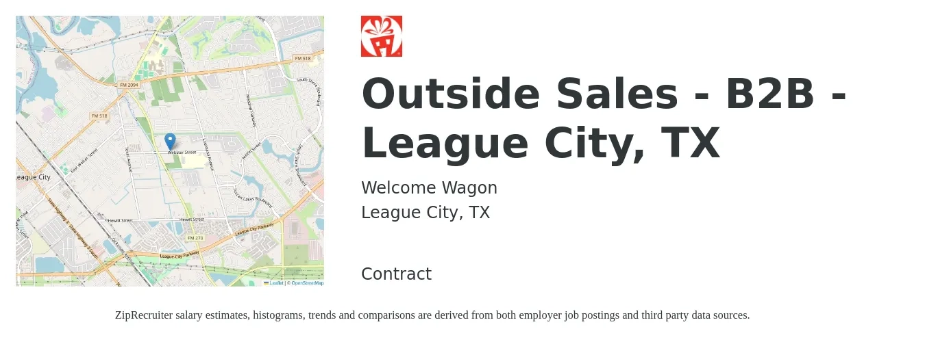 Welcome Wagon job posting for a Outside Sales - B2B - League City, TX in League City, TX with a salary of $42,100 to $70,100 Yearly with a map of League City location.