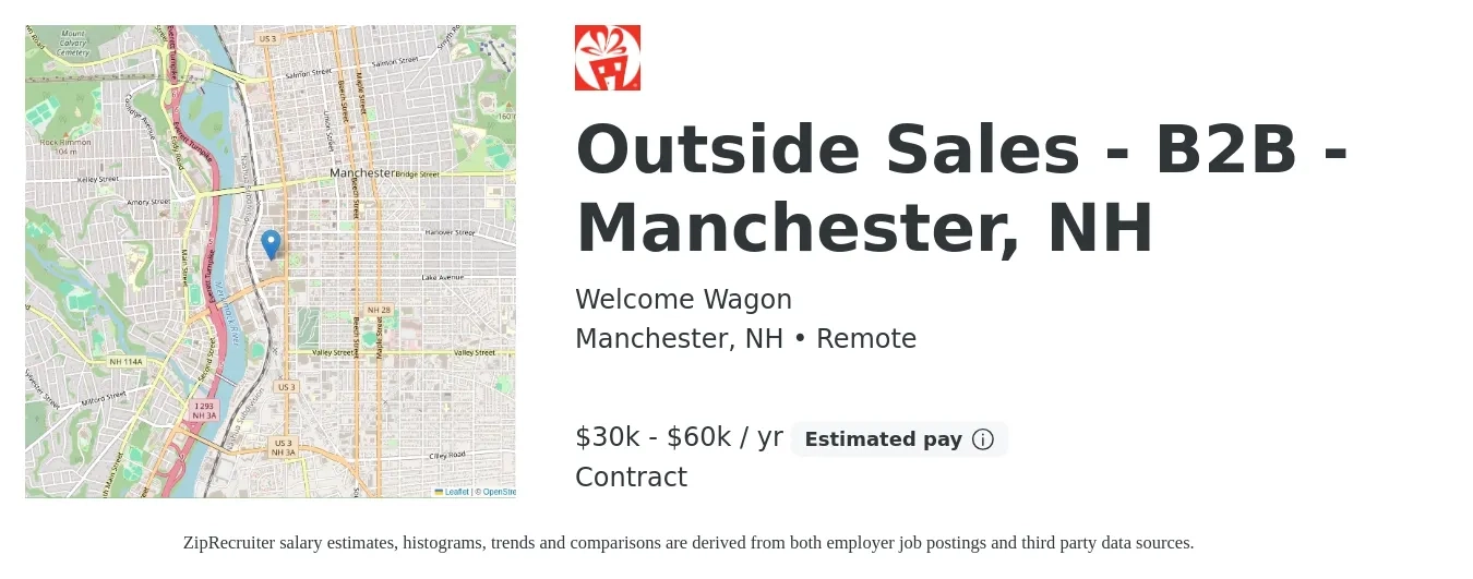 Welcome Wagon job posting for a Outside Sales - B2B - Manchester, NH in Manchester, NH with a salary of $30,000 to $60,000 Yearly with a map of Manchester location.