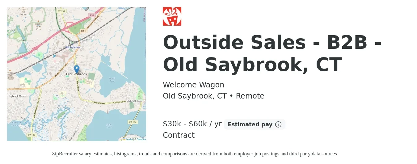 Welcome Wagon job posting for a Outside Sales - B2B - Old Saybrook, CT in Old Saybrook, CT with a salary of $30,000 to $60,000 Yearly with a map of Old Saybrook location.
