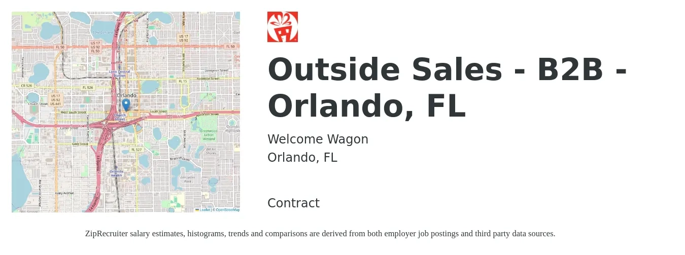 Welcome Wagon job posting for a Outside Sales - B2B - Orlando, FL in Orlando, FL with a salary of $49,000 to $84,000 Yearly with a map of Orlando location.