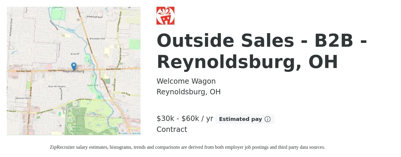 Welcome Wagon job posting for a Outside Sales - B2B - Reynoldsburg, OH in Reynoldsburg, OH with a salary of $30,000 to $60,000 Yearly with a map of Reynoldsburg location.
