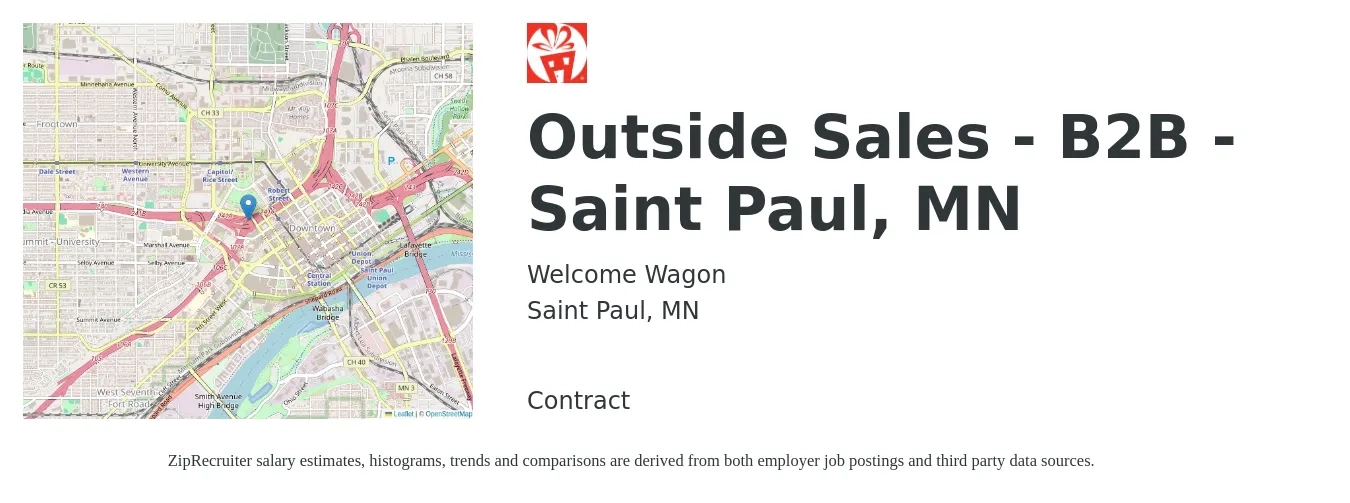 Welcome Wagon job posting for a Outside Sales - B2B - Saint Paul, MN in Saint Paul, MN with a salary of $53,100 to $91,000 Yearly with a map of Saint Paul location.