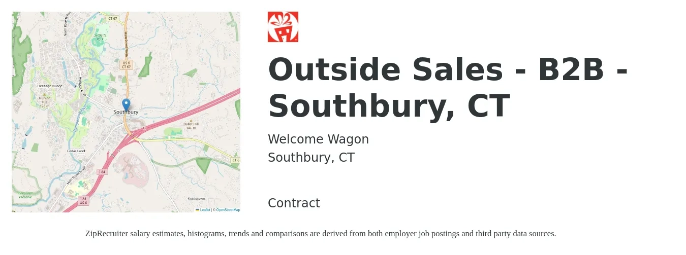 Welcome Wagon job posting for a Outside Sales - B2B - Southbury, CT in Southbury, CT with a salary of $52,200 to $89,500 Yearly with a map of Southbury location.