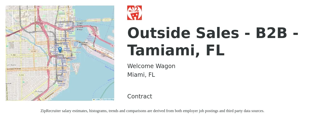 Welcome Wagon job posting for a Outside Sales - B2B - Tamiami, FL in Miami, FL with a salary of $44,800 to $76,700 Yearly with a map of Miami location.