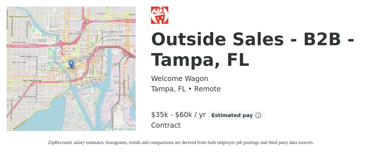 Welcome Wagon job posting for a Outside Sales - B2B - Tampa, FL in Tampa, FL with a salary of $35,000 to $60,000 Yearly with a map of Tampa location.
