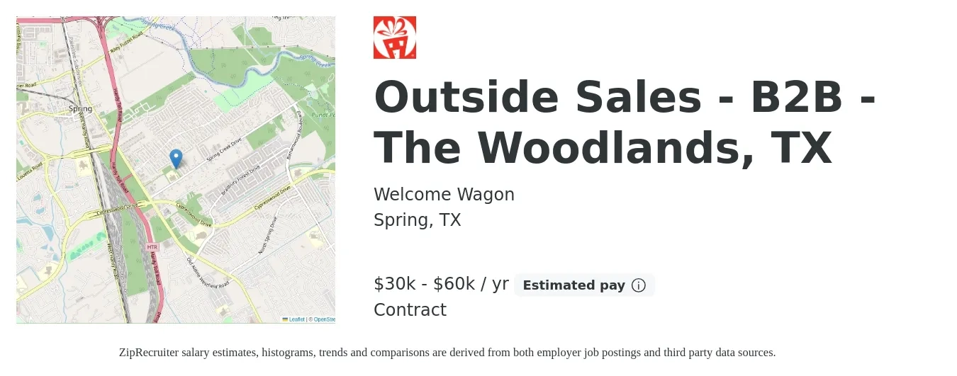 Welcome Wagon job posting for a Outside Sales - B2B - The Woodlands, TX in Spring, TX with a salary of $30,000 to $60,000 Yearly with a map of Spring location.