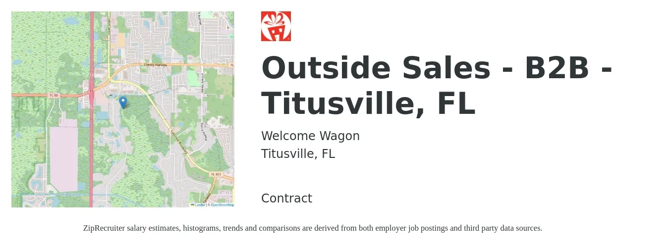 Welcome Wagon job posting for a Outside Sales - B2B - Titusville, FL in Titusville, FL with a salary of $39,400 to $65,700 Yearly with a map of Titusville location.