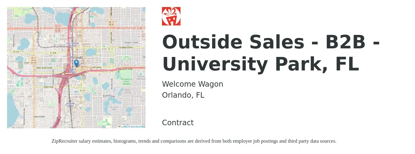 Welcome Wagon job posting for a Outside Sales - B2B - University Park, FL in Orlando, FL with a salary of $41,900 to $69,900 Yearly with a map of Orlando location.
