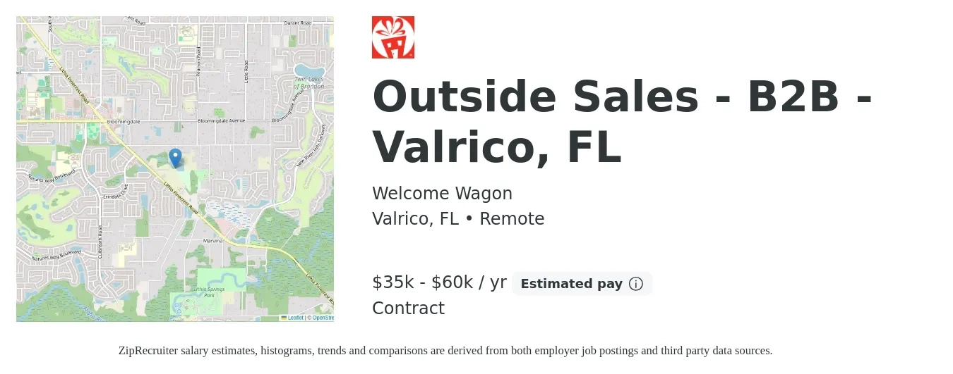 Welcome Wagon job posting for a Outside Sales - B2B - Valrico, FL in Valrico, FL with a salary of $35,000 to $60,000 Yearly with a map of Valrico location.
