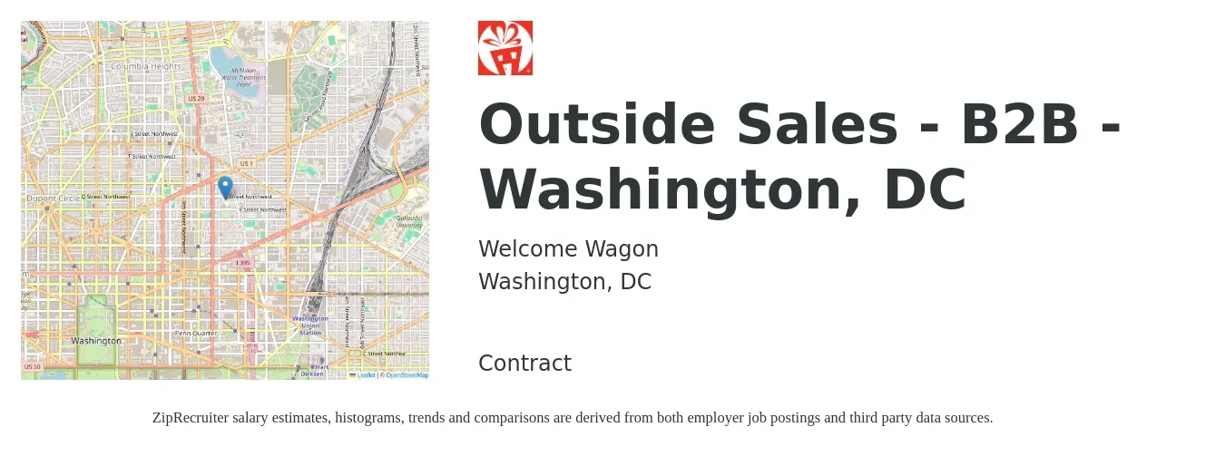 Welcome Wagon job posting for a Outside Sales - B2B - Washington, DC in Washington, DC with a salary of $54,200 to $90,300 Yearly with a map of Washington location.