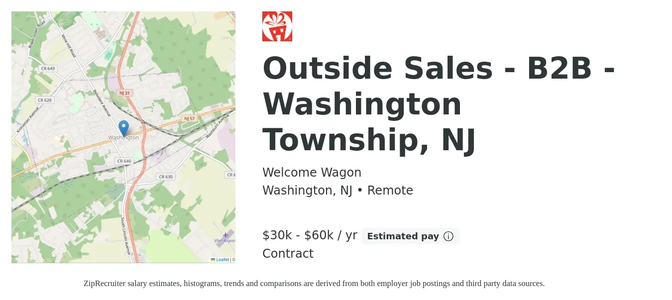 Welcome Wagon job posting for a Outside Sales - B2B - Washington Township, NJ in Washington, NJ with a salary of $30,000 to $60,000 Yearly with a map of Washington location.