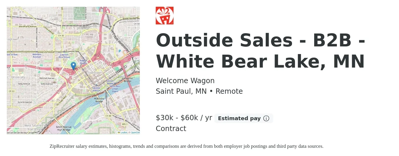 Welcome Wagon job posting for a Outside Sales - B2B - White Bear Lake, MN in Saint Paul, MN with a salary of $30,000 to $60,000 Yearly with a map of Saint Paul location.