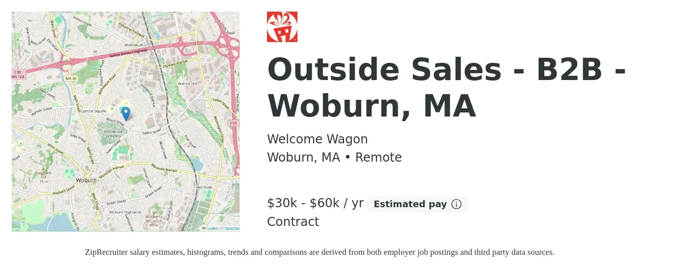 Welcome Wagon job posting for a Outside Sales - B2B - Woburn, MA in Woburn, MA with a salary of $30,000 to $60,000 Yearly with a map of Woburn location.