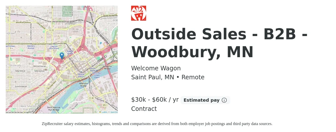 Welcome Wagon job posting for a Outside Sales - B2B - Woodbury, MN in Saint Paul, MN with a salary of $30,000 to $60,000 Yearly with a map of Saint Paul location.