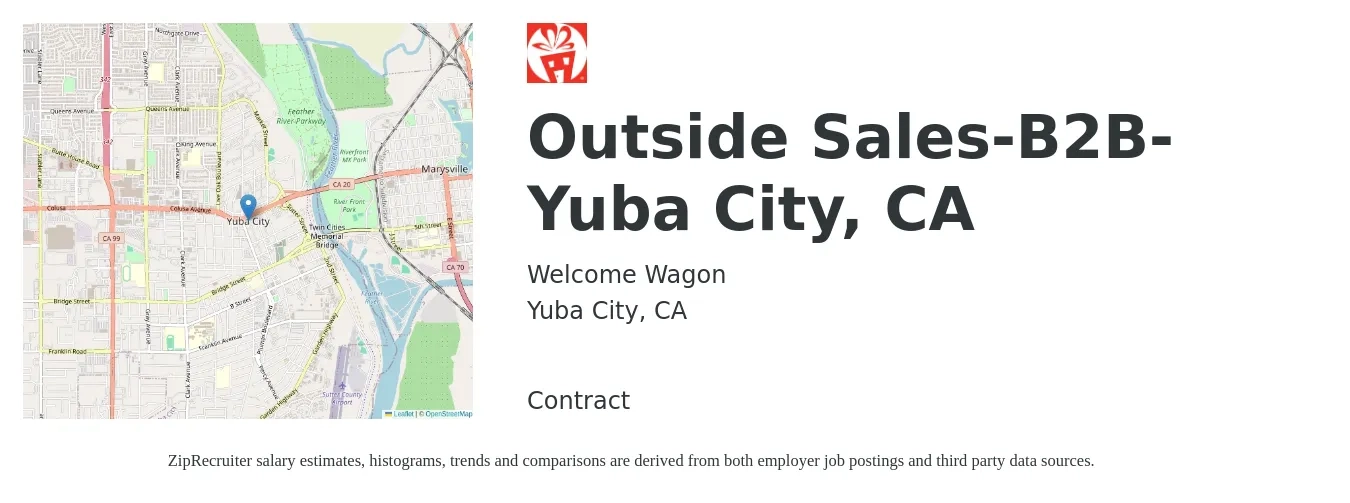 Welcome Wagon job posting for a Outside Sales-B2B- Yuba City, CA in Yuba City, CA with a salary of $55,500 to $95,100 Yearly with a map of Yuba City location.