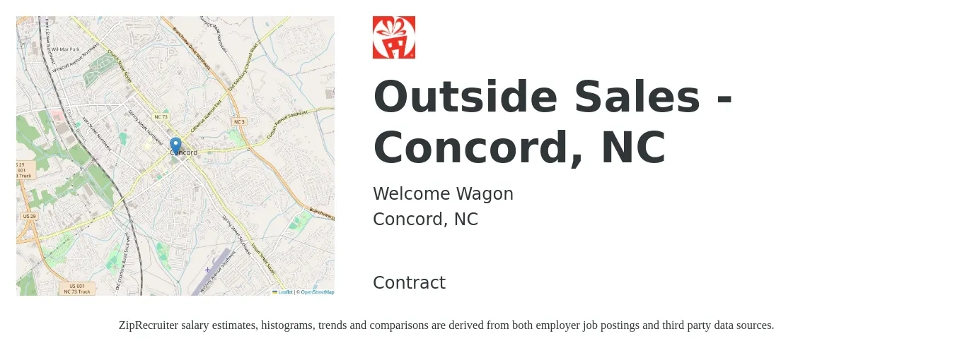 Welcome Wagon job posting for a Outside Sales - Concord, NC in Concord, NC with a salary of $47,700 to $81,800 Yearly with a map of Concord location.