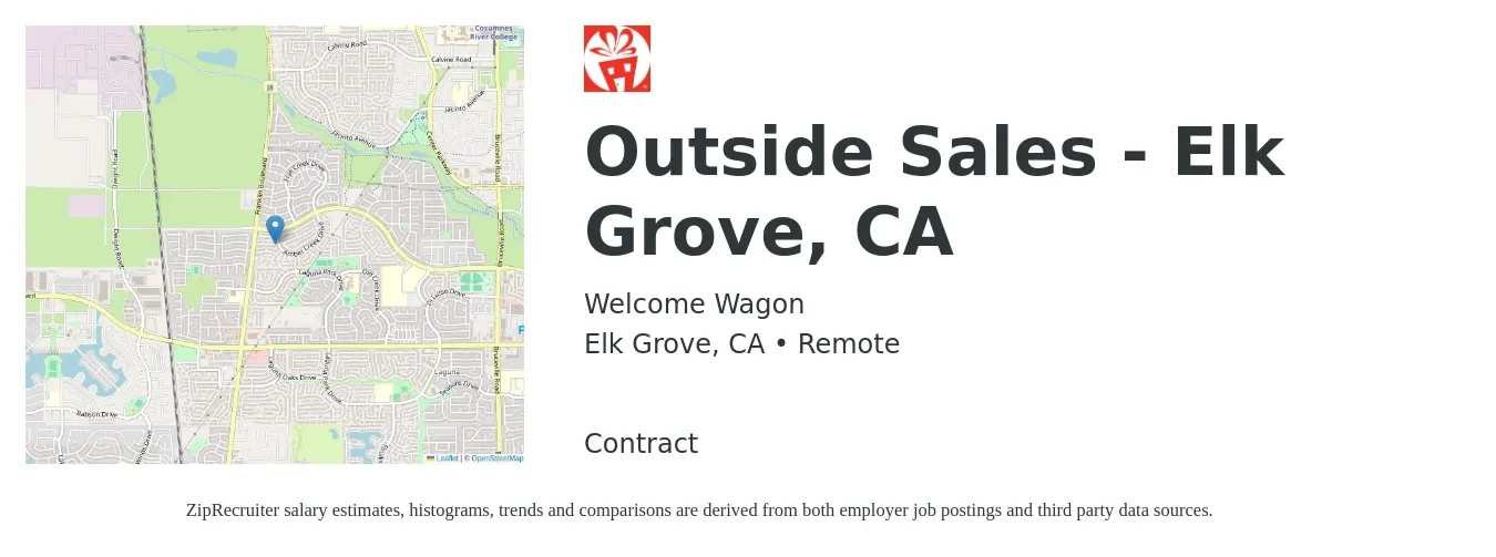 Welcome Wagon job posting for a Outside Sales - Elk Grove, CA in Elk Grove, CA with a salary of $40,000 to $60,000 Yearly with a map of Elk Grove location.