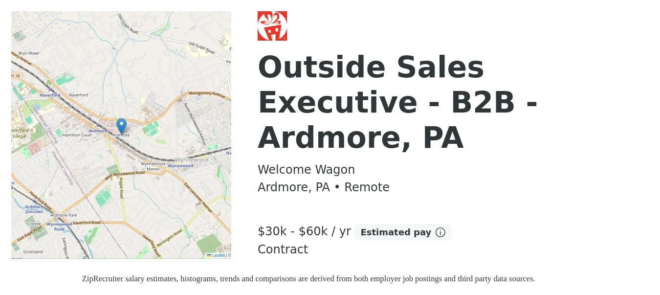 Welcome Wagon job posting for a Outside Sales Executive - B2B - Ardmore, PA in Ardmore, PA with a salary of $30,000 to $60,000 Yearly with a map of Ardmore location.