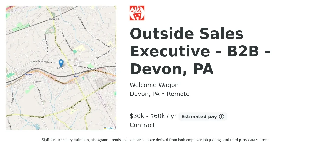Welcome Wagon job posting for a Outside Sales Executive - B2B - Devon, PA in Devon, PA with a salary of $30,000 to $60,000 Yearly with a map of Devon location.