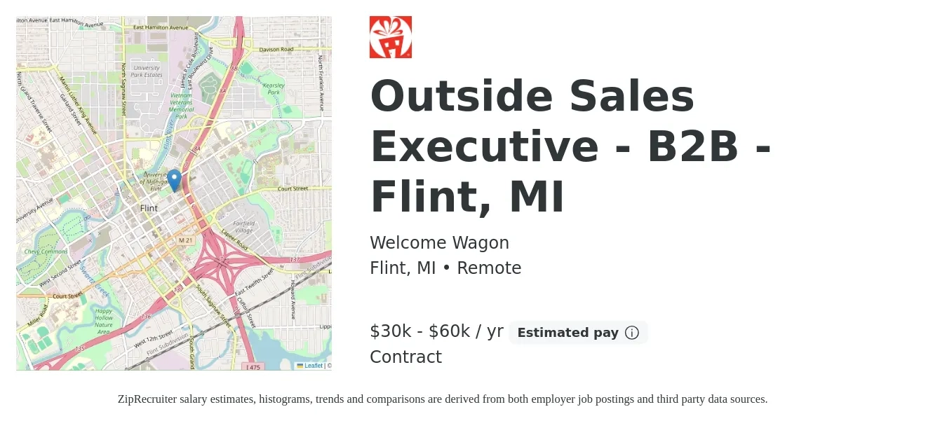 Welcome Wagon job posting for a Outside Sales Executive - B2B - Flint, MI in Flint, MI with a salary of $30,000 to $60,000 Yearly with a map of Flint location.