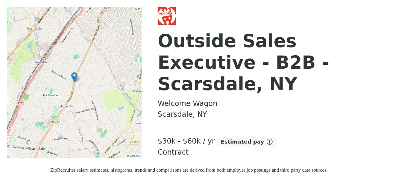 Welcome Wagon job posting for a Outside Sales Executive - B2B - Scarsdale, NY in Scarsdale, NY with a salary of $30,000 to $60,000 Yearly with a map of Scarsdale location.