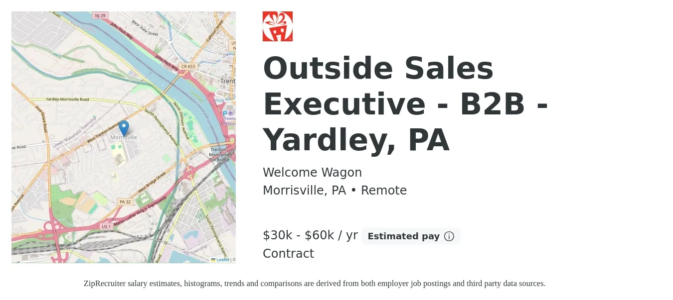 Welcome Wagon job posting for a Outside Sales Executive - B2B - Yardley, PA in Morrisville, PA with a salary of $30,000 to $60,000 Yearly with a map of Morrisville location.