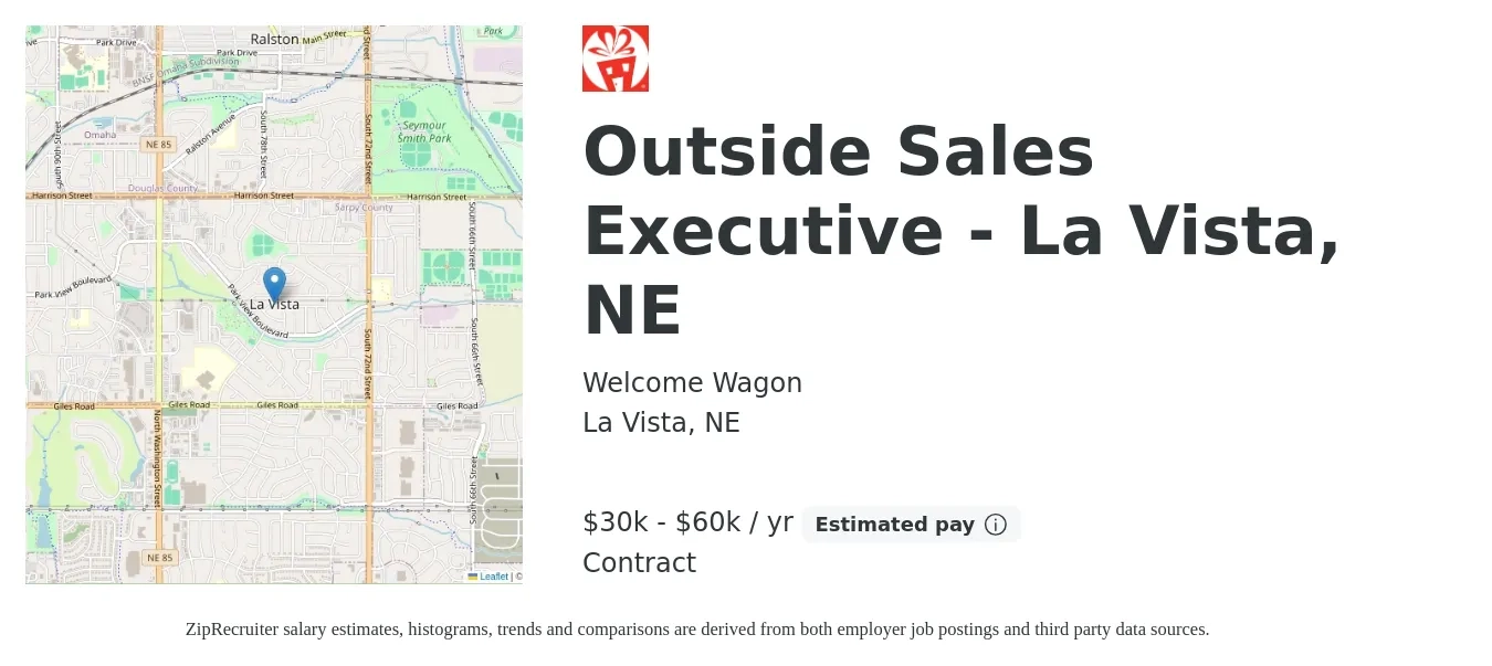 Welcome Wagon job posting for a Outside Sales Executive - La Vista, NE in La Vista, NE with a salary of $30,000 to $60,000 Yearly with a map of La Vista location.