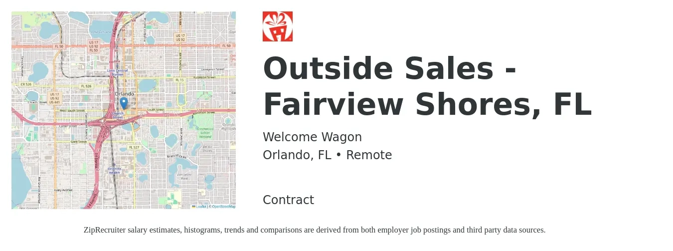 Welcome Wagon job posting for a Outside Sales - Fairview Shores, FL in Orlando, FL with a salary of $40,000 to $60,000 Yearly with a map of Orlando location.