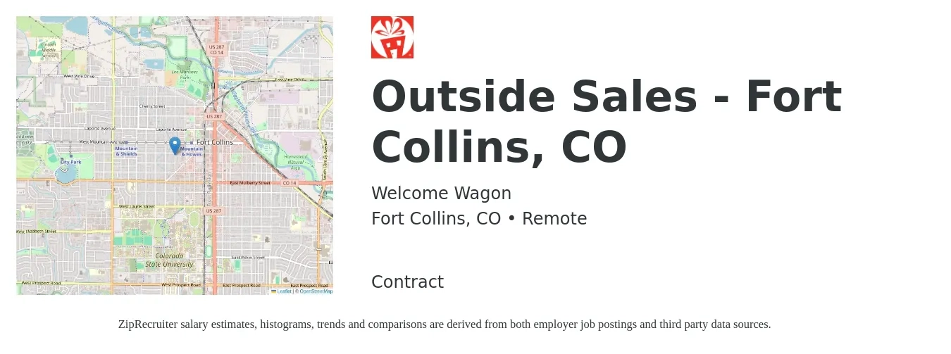 Welcome Wagon job posting for a Outside Sales - Fort Collins, CO in Fort Collins, CO with a salary of $40,000 to $60,000 Yearly with a map of Fort Collins location.