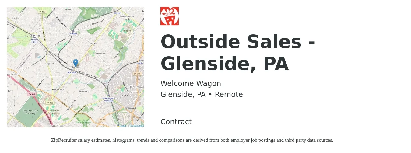 Welcome Wagon job posting for a Outside Sales - Glenside, PA in Glenside, PA with a salary of $40,000 to $60,000 Yearly with a map of Glenside location.