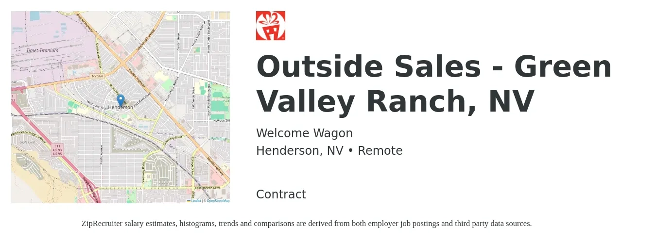 Welcome Wagon job posting for a Outside Sales - Green Valley Ranch, NV in Henderson, NV with a salary of $40,000 to $60,000 Yearly with a map of Henderson location.