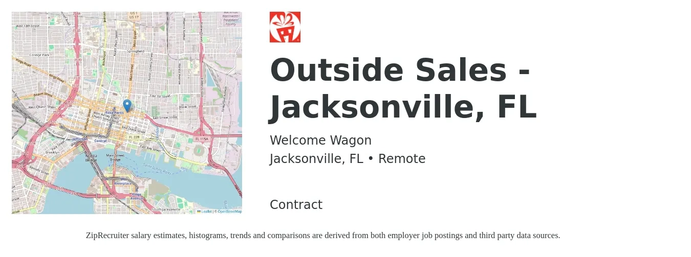 Welcome Wagon job posting for a Outside Sales - Jacksonville, FL in Jacksonville, FL with a salary of $40,000 to $60,000 Yearly with a map of Jacksonville location.