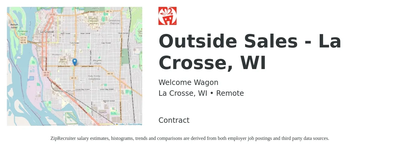 Welcome Wagon job posting for a Outside Sales - La Crosse, WI in La Crosse, WI with a salary of $40,000 to $60,000 Yearly with a map of La Crosse location.