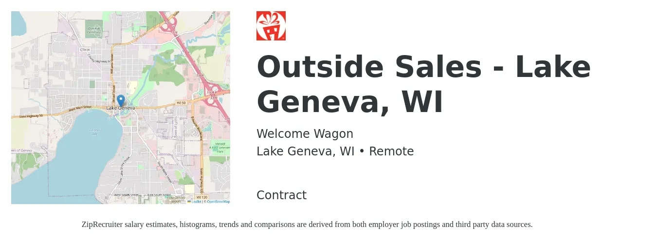 Welcome Wagon job posting for a Outside Sales - Lake Geneva, WI in Lake Geneva, WI with a salary of $40,000 to $60,000 Yearly with a map of Lake Geneva location.