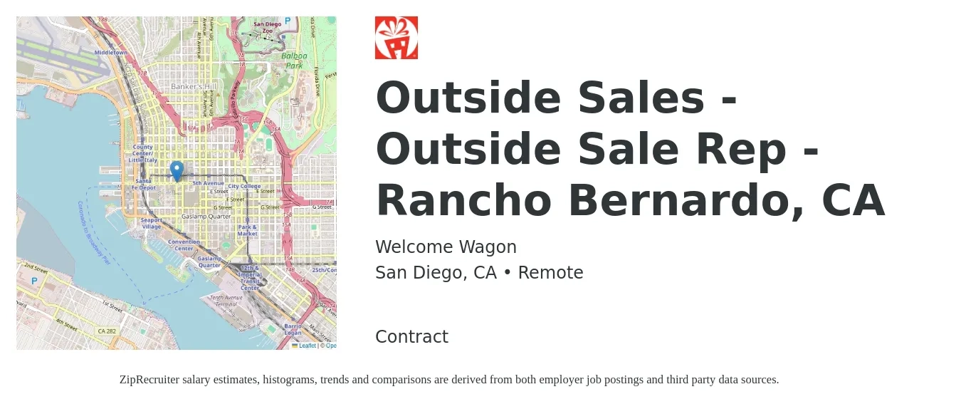 Welcome Wagon job posting for a Outside Sales - Outside Sale Rep - Rancho Bernardo, CA in San Diego, CA with a salary of $40,000 to $60,000 Yearly with a map of San Diego location.