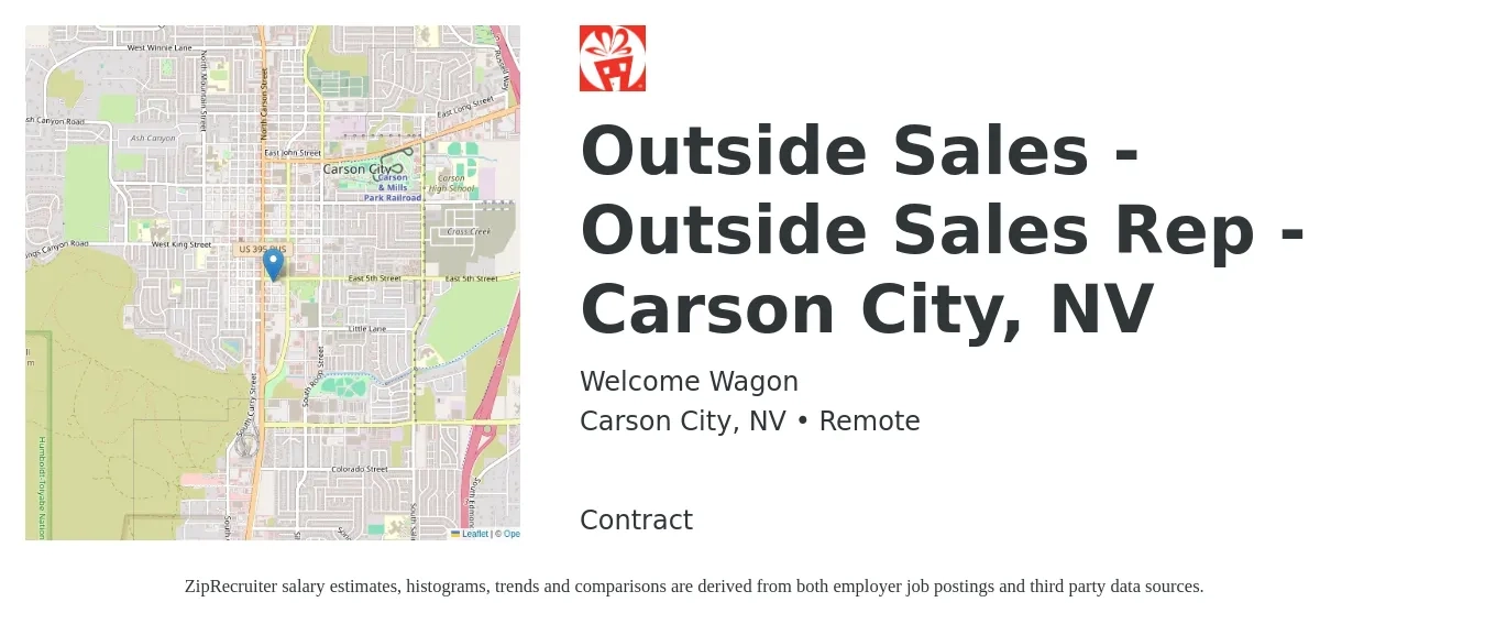 Welcome Wagon job posting for a Outside Sales - Outside Sales Rep - Carson City, NV in Carson City, NV with a salary of $40,000 to $60,000 Yearly with a map of Carson City location.