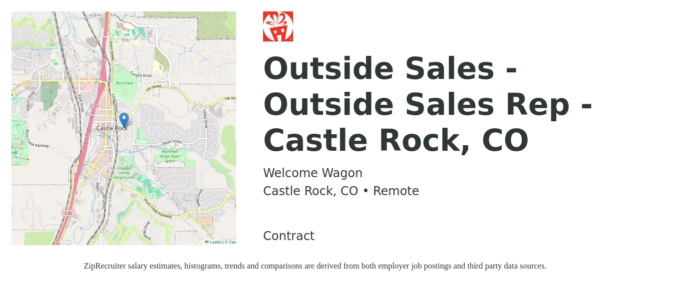 Welcome Wagon job posting for a Outside Sales - Outside Sales Rep - Castle Rock, CO in Castle Rock, CO with a salary of $40,000 to $60,000 Yearly with a map of Castle Rock location.
