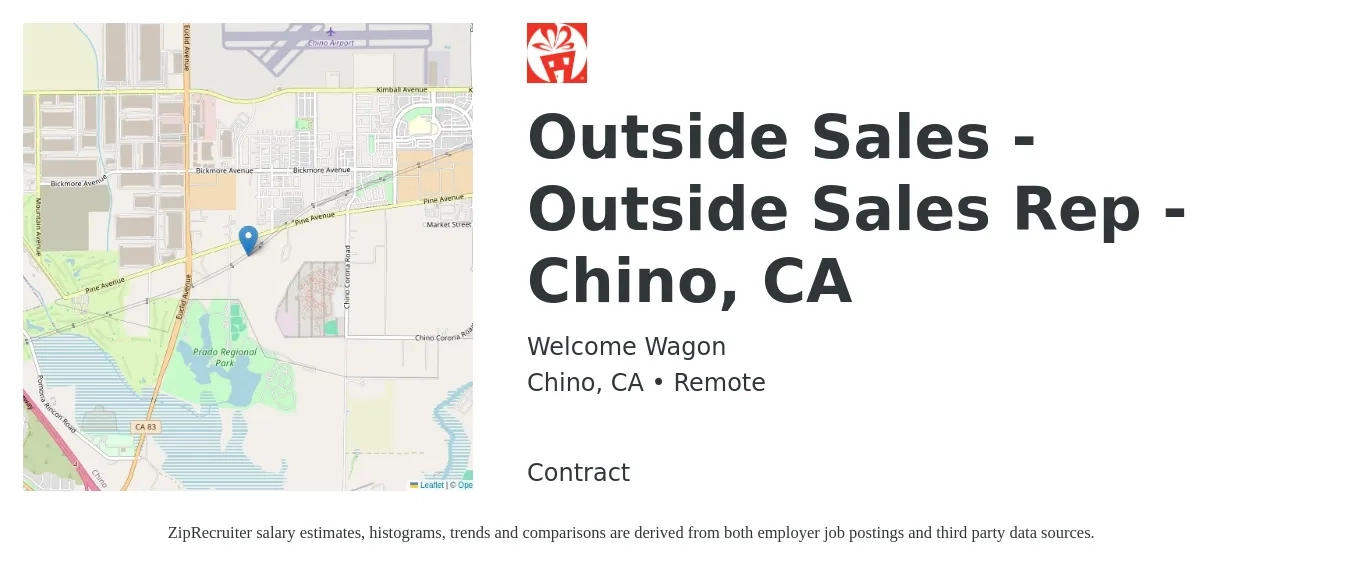 Welcome Wagon job posting for a Outside Sales - Outside Sales Rep - Chino, CA in Chino, CA with a salary of $40,000 to $60,000 Yearly with a map of Chino location.