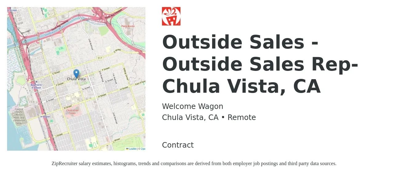Welcome Wagon job posting for a Outside Sales - Outside Sales Rep- Chula Vista, CA in Chula Vista, CA with a salary of $40,000 to $60,000 Yearly with a map of Chula Vista location.
