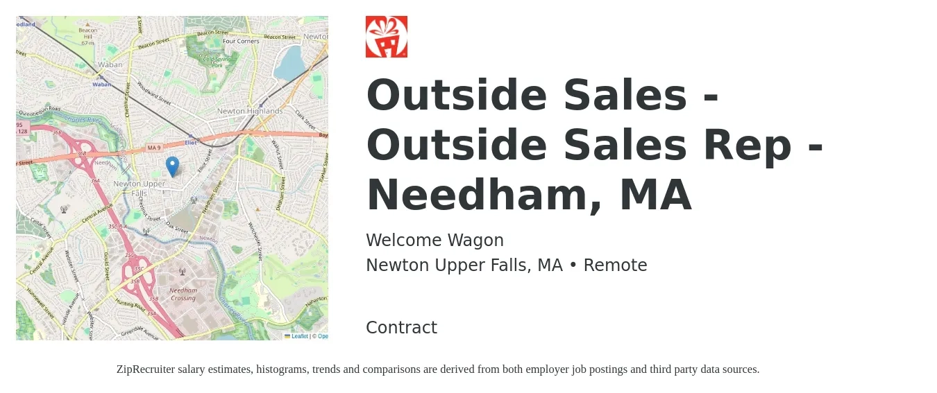 Welcome Wagon job posting for a Outside Sales - Outside Sales Rep - Needham, MA in Newton Upper Falls, MA with a salary of $40,000 to $60,000 Yearly with a map of Newton Upper Falls location.