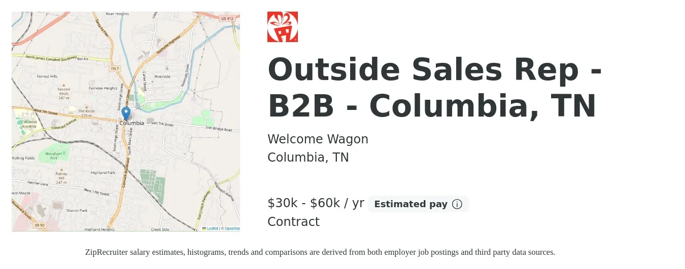 Welcome Wagon job posting for a Outside Sales Rep - B2B - Columbia, TN in Columbia, TN with a salary of $30,000 to $60,000 Yearly with a map of Columbia location.