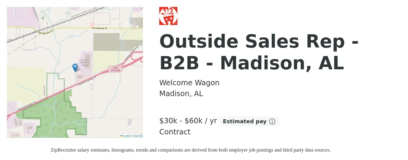 Welcome Wagon job posting for a Outside Sales Rep - B2B - Madison, AL in Madison, AL with a salary of $30,000 to $60,000 Yearly with a map of Madison location.