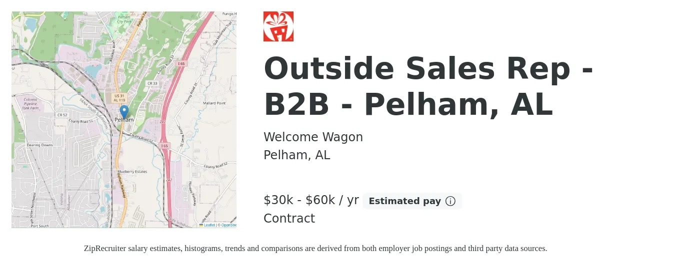 Welcome Wagon job posting for a Outside Sales Rep - B2B - Pelham, AL in Pelham, AL with a salary of $30,000 to $60,000 Yearly with a map of Pelham location.