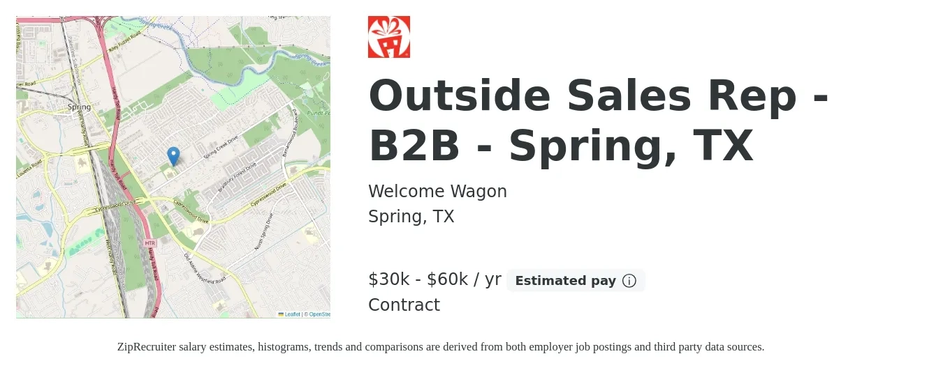 Welcome Wagon job posting for a Outside Sales Rep - B2B - Spring, TX in Spring, TX with a salary of $30,000 to $60,000 Yearly with a map of Spring location.
